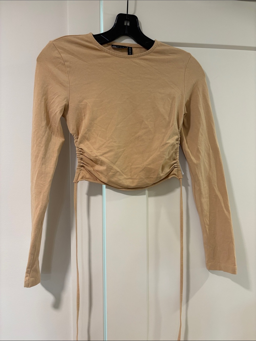 ASOS Beige Ruched Long-Sleeve Crop Top